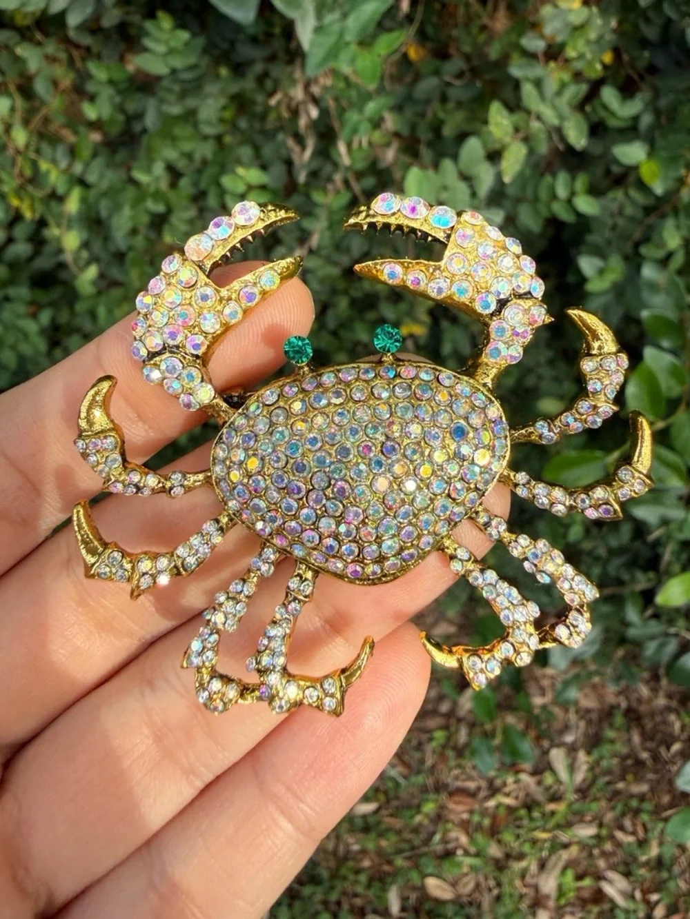 Gold-Tone Crystal Crab Brooch - Iridescent Blue Accent